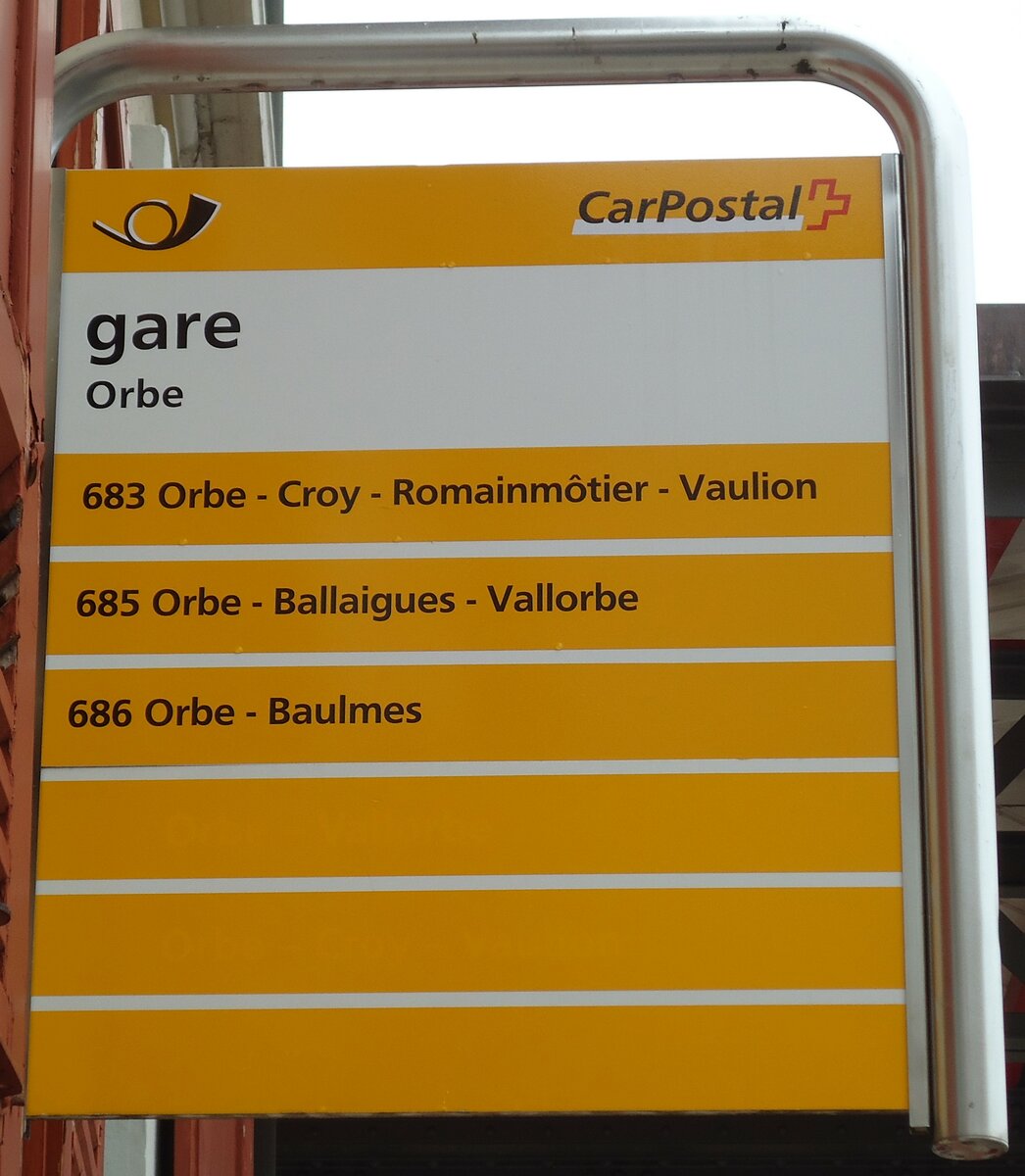 (143'840) - PostAuto-Haltestellenschild - Orbe, gare - am 27. April 2013