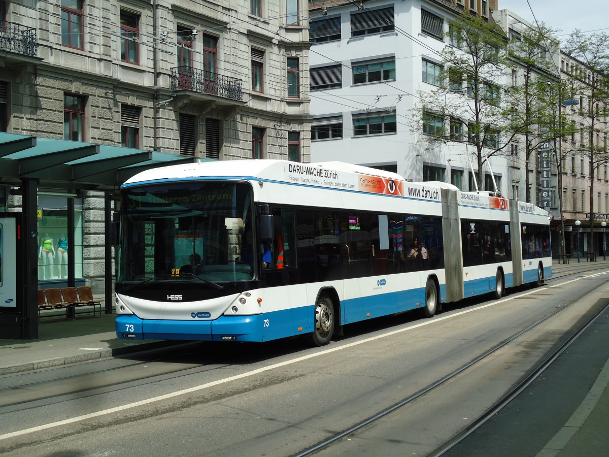 (143'985) - VBZ Z�rich - Nr. 73 - Hess/Hess Doppelgelenktrolleybus am 9. Mai 2013 in Z�rich, L�wenplatz