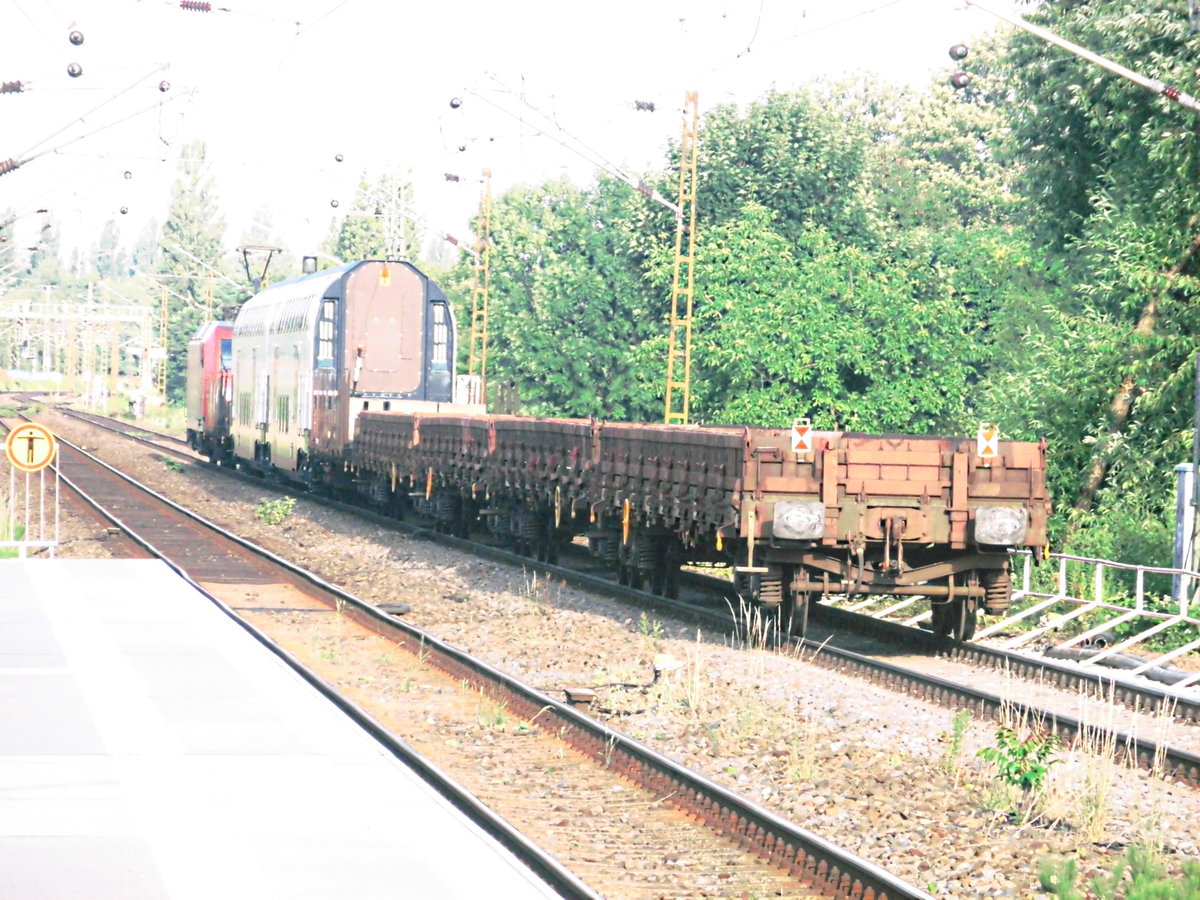 145 XXX mit 6 Rungenwagen, davon sind 2 wagen als Schutzwagen und 2 SBB IC200 wagen zwischen Halle-Rosengarten und Halle-Silberh�he am 28.6.17