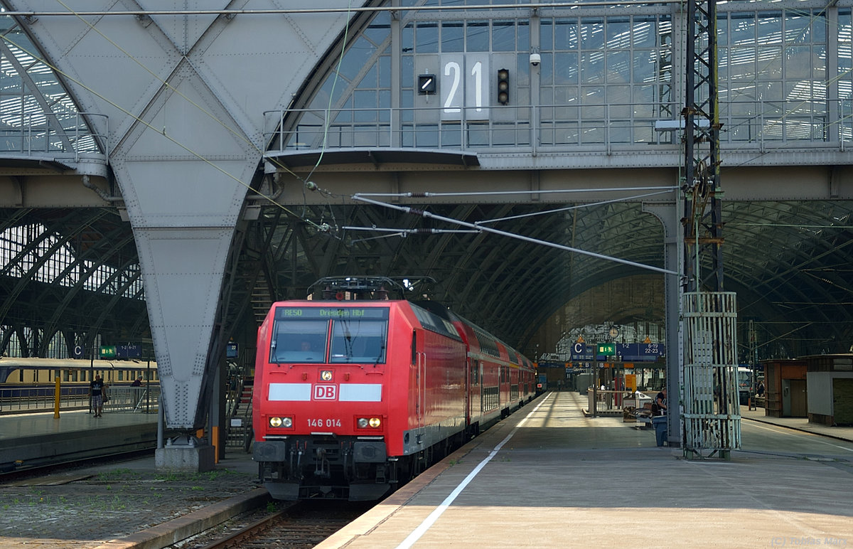 146 014 bei der Ausfahrt aus Leipzig am 26.07.2016