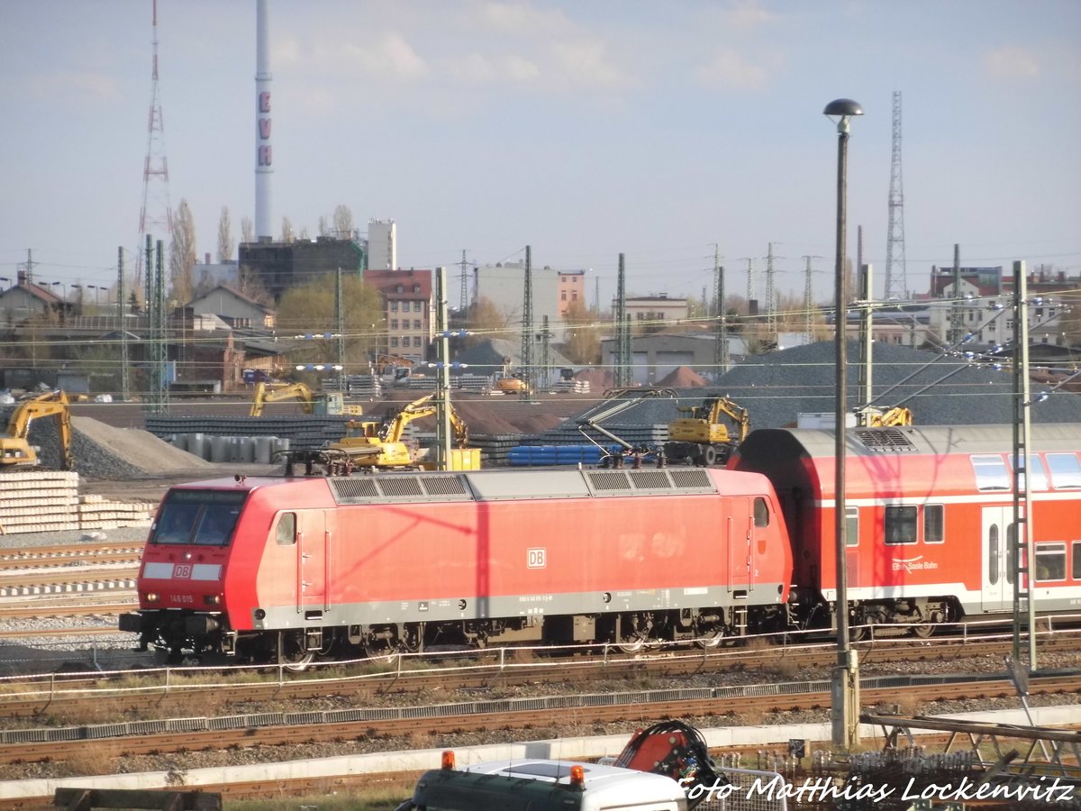 146 015 als RE30 mit ziel Magdeburg Hbf l�sst Halle (Saale) hinter sich am 6.4.16