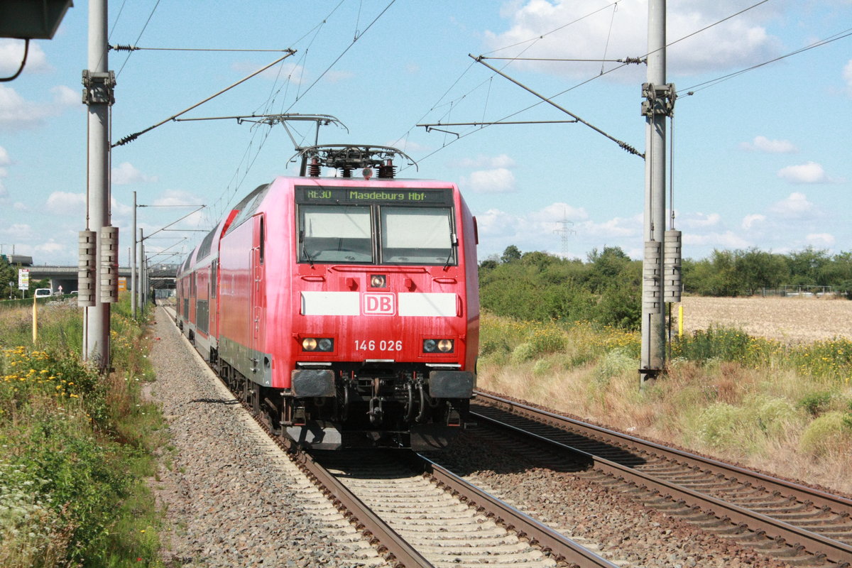 146 023 mit dem RE30 mit ziel Magdeburg Hbf bei der einfahrt in Z�beritz am 22.7.20