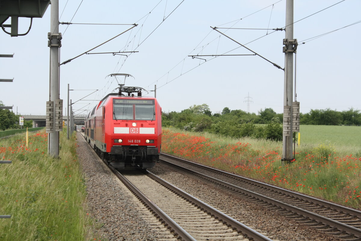 146 028 mit dem RE30 mit ziel Magdeburg Hbf bei der Einfahrt in Z�beritz am 9.6.21

