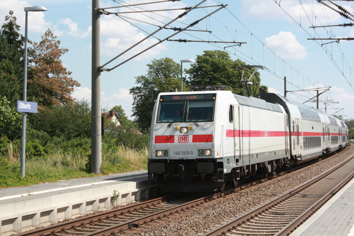 146 569 mit ihrer IC2 Garnitur bei der durchfahrt in Z�beritz am 14.7.20