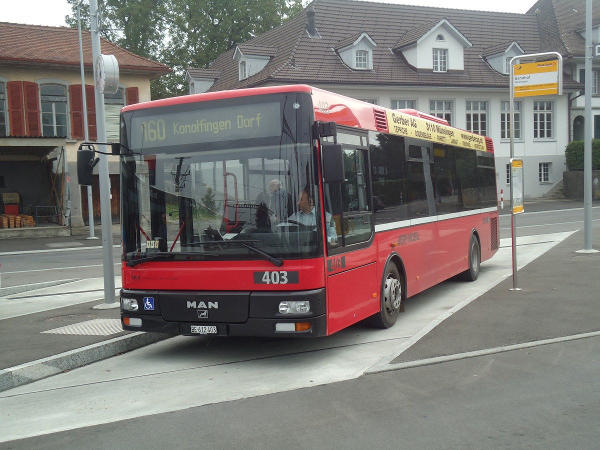 (147'439) - Bernmobil, Bern - Nr. 403/BE 612'403 - MAN/G�ppel am 30. September 2013 beim Bahnhof M�nsingen