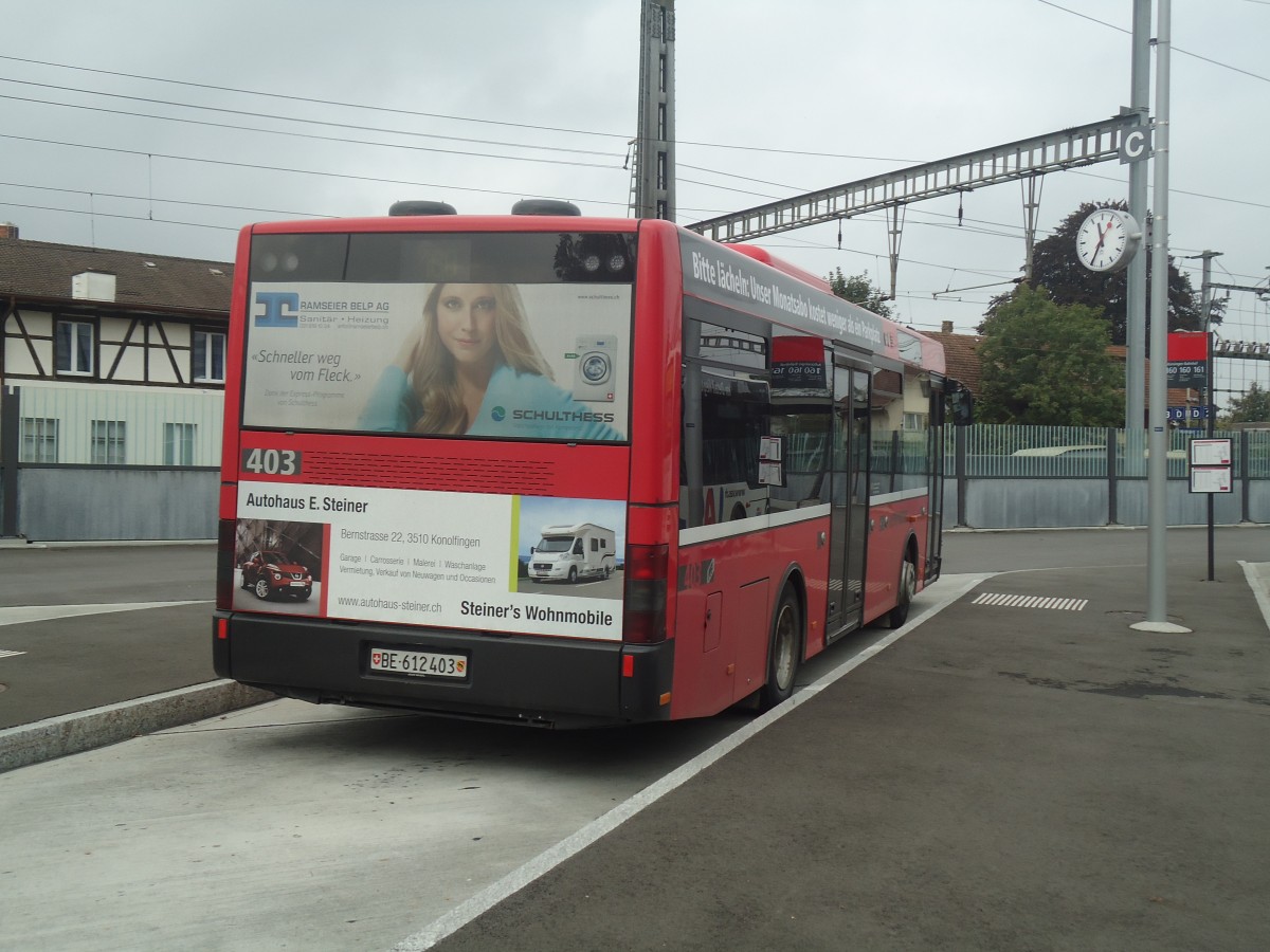 (147'440) - Bernmobil, Bern - Nr. 403/BE 612'403 - MAN/G�ppel am 30. September 2013 beim Bahnhof M�nsingen