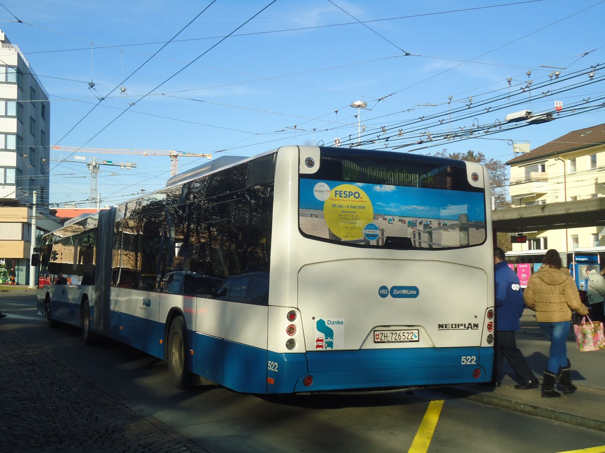 (148'281) - VBZ Z�rich - Nr. 522/ZH 726'522 - Neoplan am 9. Dezember 2013 in Z�rich, Bucheggplatz