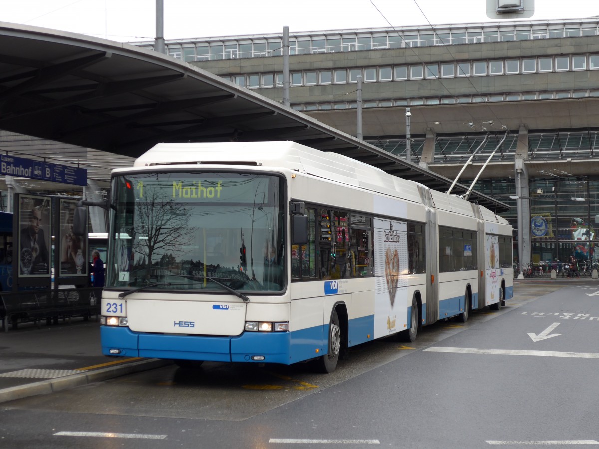 (148'901) - VBL Luzern - Nr. 231 - Hess/Hess Doppelgelenktrolleybus am 16. Februar 2014 beim Bahnhof Luzern