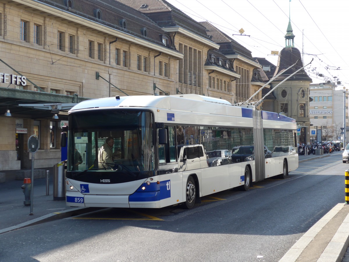 (149'270) - TL Lausanne - Nr. 859 - Hess/Hess Gelenktrolleybus am 9. M�rz 2014 beim Bahnhof Lausanne