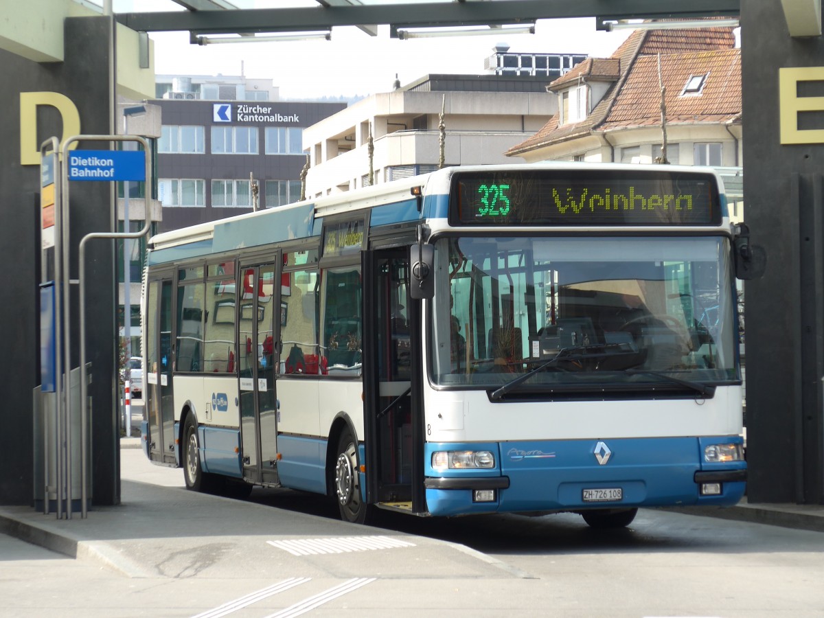 (149'470) - Limmat Bus, Dietikon - Nr. 8/ZH 726'108 - Renault (ex H�rzeler, Dietikon Nr. 32) am 31. M�rz 2014 beim Bahnhof Dietikon