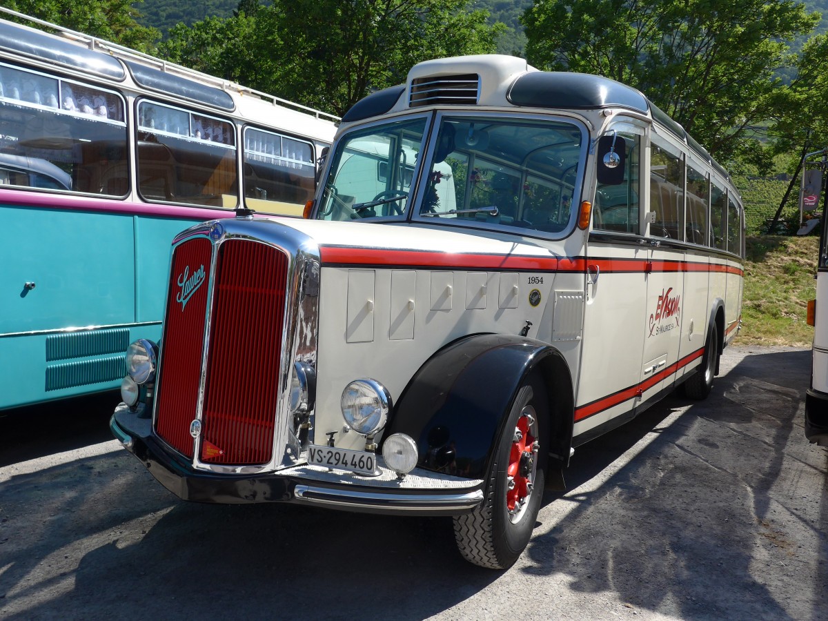 (151'619) - Evasion, St-Maurice - VS 294'460 - Saurer/Lauber (ex Zumwald, Fribourg; ex Leu, Arosa; ex Schett, Sargans; ex P 23'165; ex P 2252) am 21. Juni 2014 in Aigle, Saurertreffen