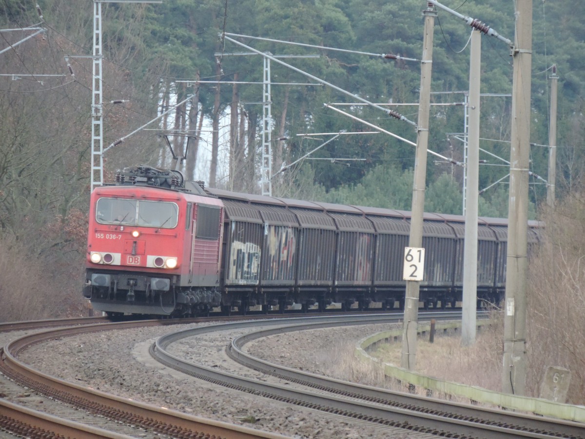 155 036-7 mit Gterzug von Rostock-Seehafen gen Schwerin bei der Einfahrt in Bad Kleinen am 06.02.2016