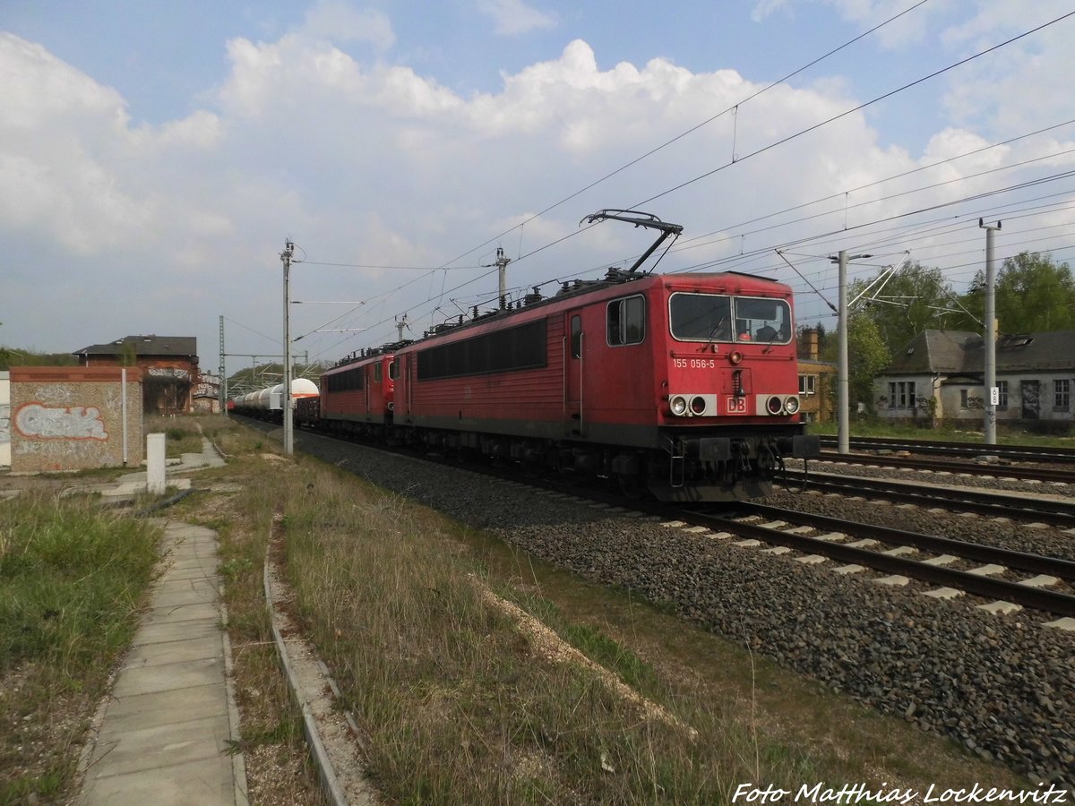 155 056-5 mit einer Schwestermaschine mit einen G�terzug in Leipzig-Leutzsch am 3.5.16