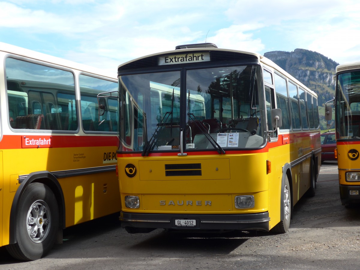 (155'656) - Schmid, Glarus - GL 4012 - Saurer/T�scher (ex Mosimann, Aesch; ex Erne, Full; ex P 24'257) am 12. Oktober 2014 in Willerzell, Rest. Sattelegg