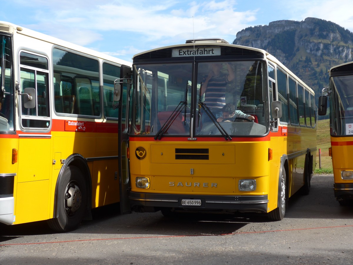 (155'661) - Kammermann, Spiez - BE 650'996 - Saurer/Hess (ex Flury, Balm; ex P 24'233) am 12. Oktober 2014 in Willerzell, Rest. Sattelegg