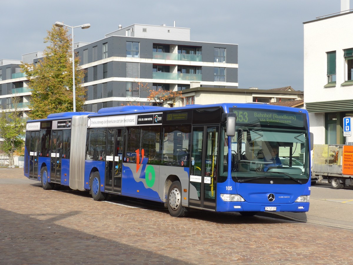 (156'226) - VZO Grningen - Nr. 105/ZH 745'105 - Mercedes am 28. Oktober 2014 beim Bahnhof Wetzikon