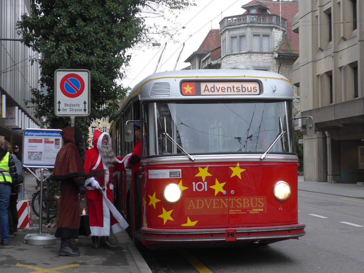 (157'647) - VW Winterthur - Nr. 101 - FBW/SWS Gelenktrolleybus am 6. Dezember 2014 in Winterthur, Bankstrasse