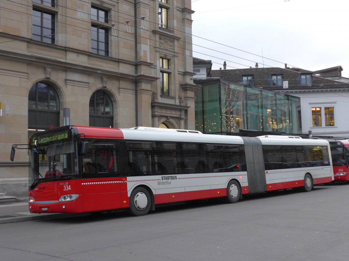 (157'665) - SW Winterthur - Nr. 334/ZH 730'334 - Solaris am 6. Dezember 2014 beim Hauptbahnhof Winterthur