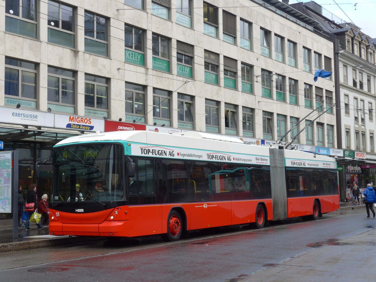 (158'955) - VB Biel - Nr. 55 - Hess/Hess Gelenktrolleybus am 2. M�rz 2015 in Biel, Guisanplatz