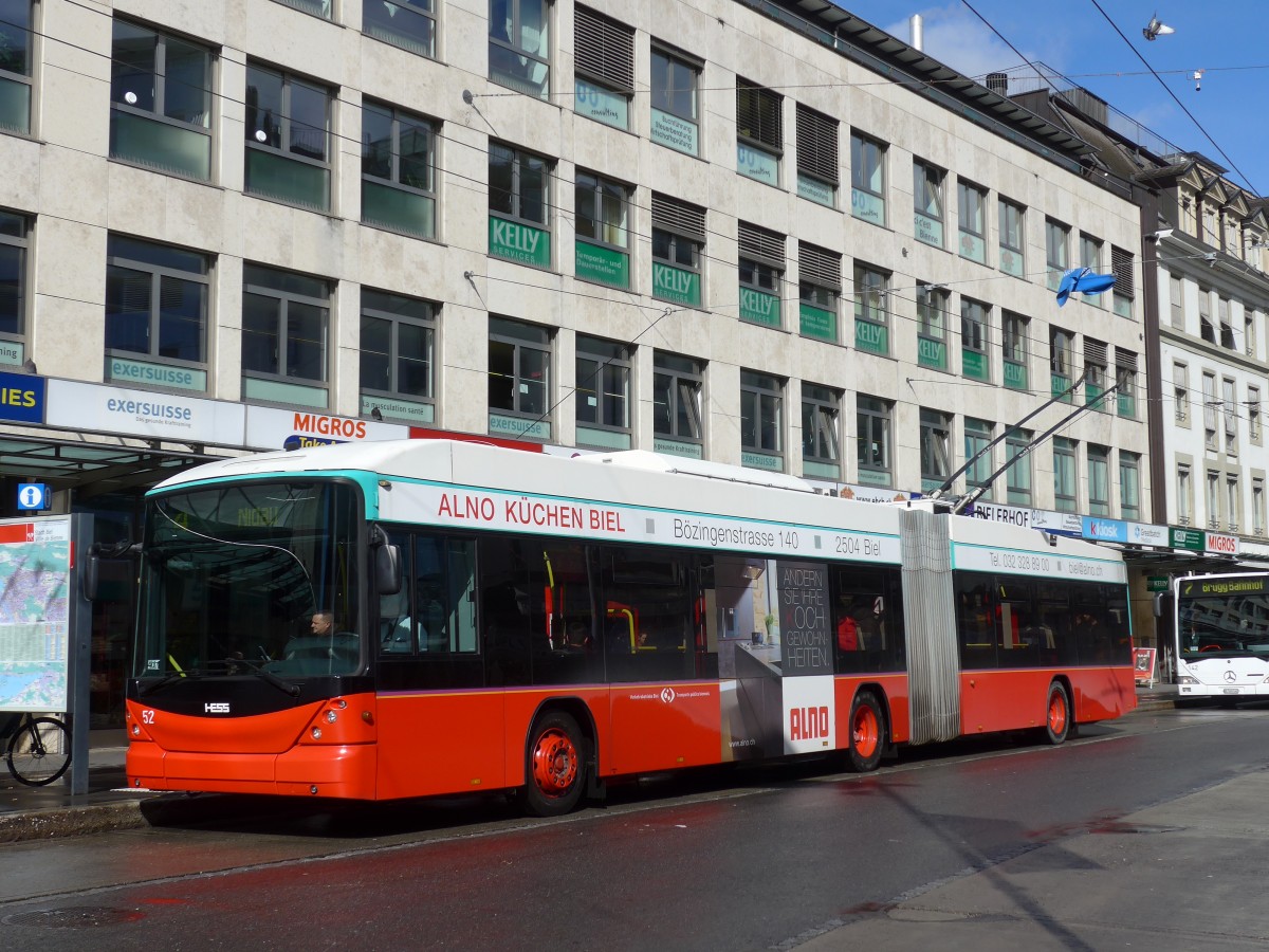(158'979) - VB Biel - Nr. 52 - Hess/Hess Gelenktrolleybus am 2. M�rz 2015 in Biel, Guisanplatz