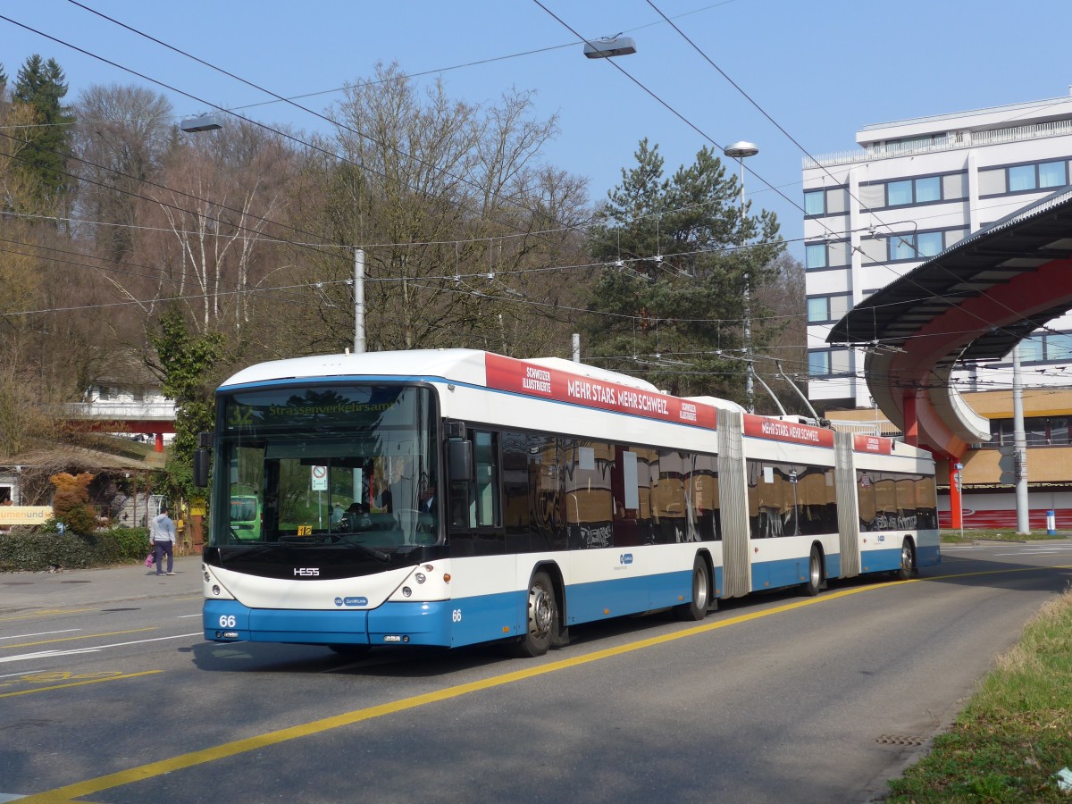 (159'377) - VBZ Z�rich - Nr. 66 - Hess/Hess Doppelgelenktrolleybus am 19. M�rz 2015 in Z�rich, Buchegg