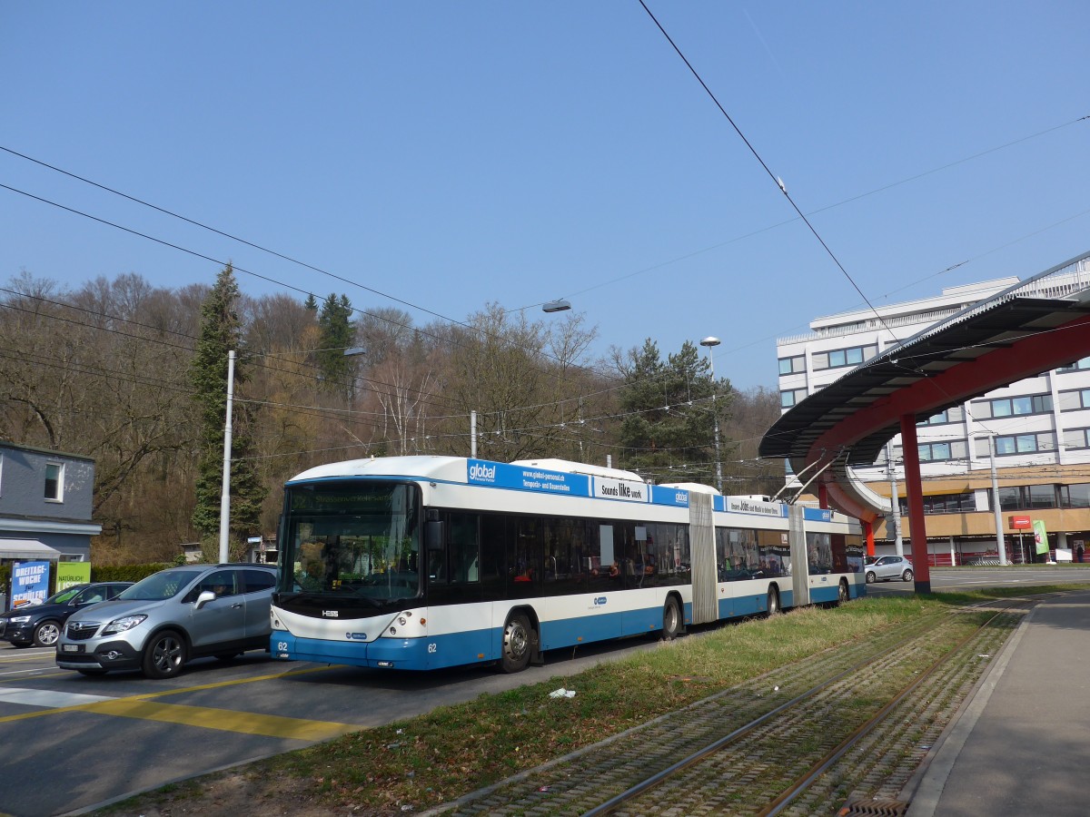 (159'393) - VBZ Z�rich - Nr. 62 - Hess/Hess Doppelgelenktrolleybus am 19. M�rz 2015 in Z�rich, Bucheggplatz