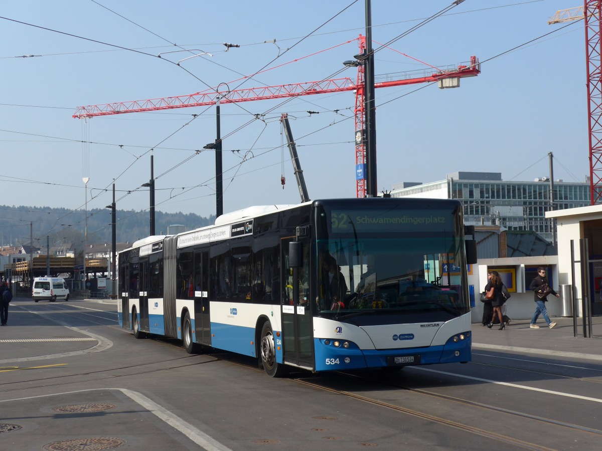 (159'409) - VBZ Zrich - Nr. 534/ZH 730'534 - Neoplan am 19. Mrz 2015 beim Bahnhof Zrich-Oerlikon