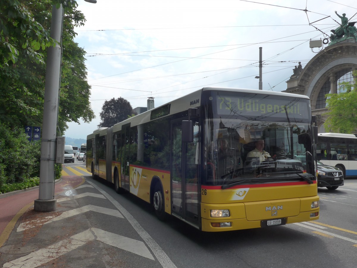 (160'648) - Bucheli, Kriens - Nr. 26/LU 15'559 - MAN (ex Nr. 20; ex Inderm�hle, Rekingen Nr. 158; ex Steiner, Ortschwaben Nr. 5) am 22. Mai 2015 beim Bahnhof Luzern