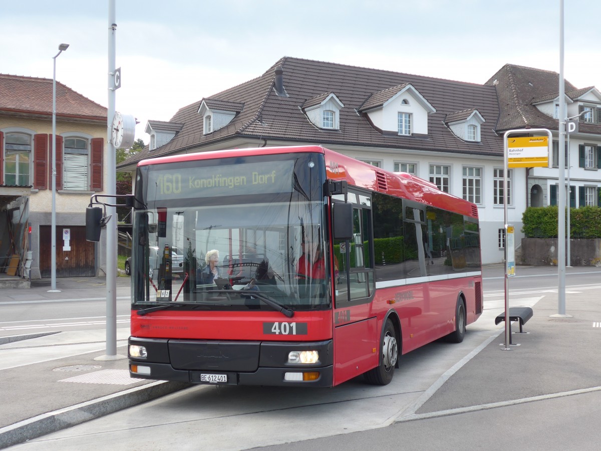 (161'436) - Bernmobil, Bern - Nr. 401/BE 612'401 - MAN/G�ppel am 30. Mai 2015 beim Bahnhof M�nsingen