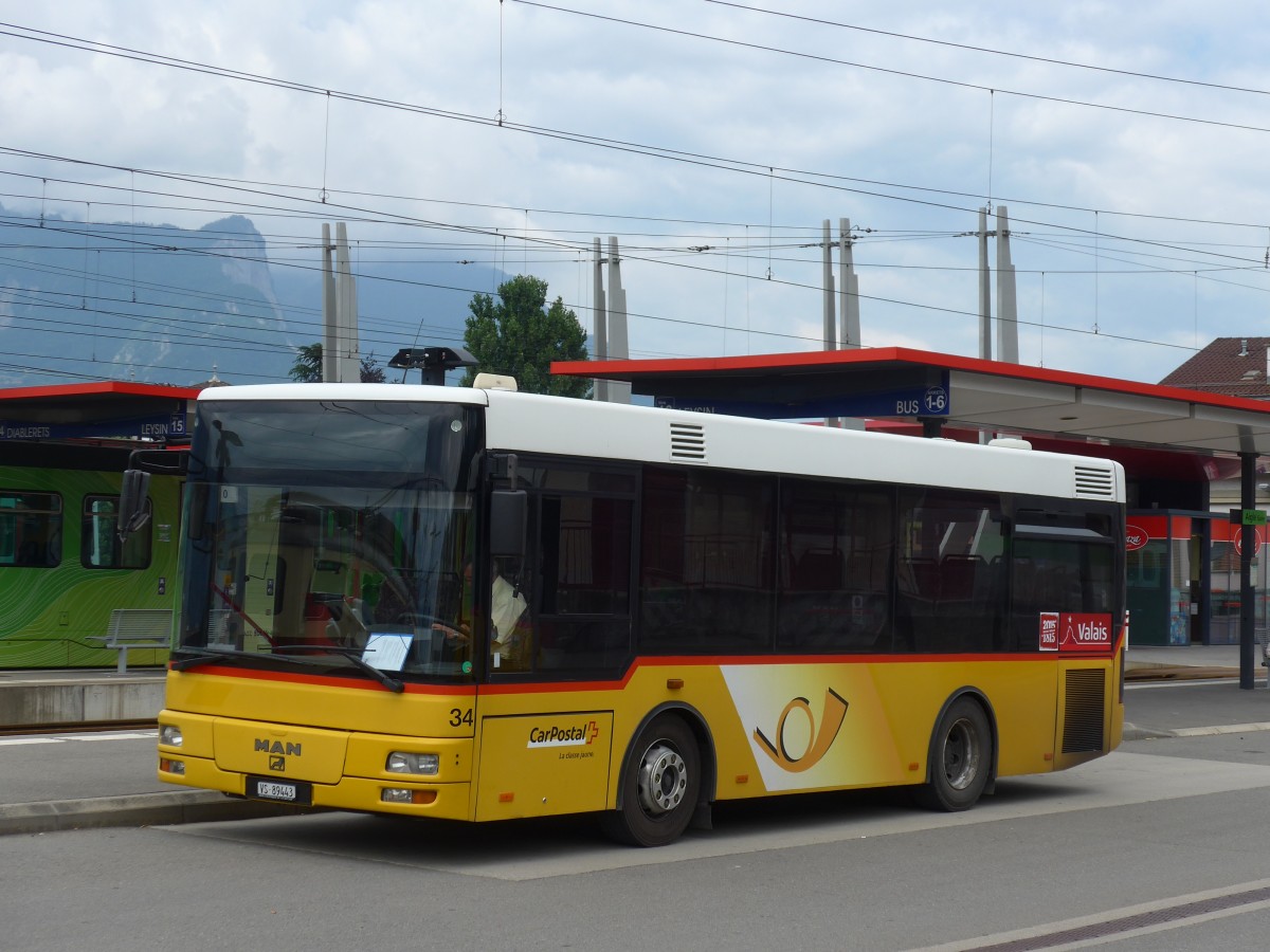 (162'340) - MOB Montreux - Nr. 34/VS 89'443 - MAN/G�ppel (ex TSAR Sierre; ex PostAuto Bern; ex PostAuto Berner Oberland; ex P 23'032) am 20. Juni 2015 beim Bahnhof Aigle
