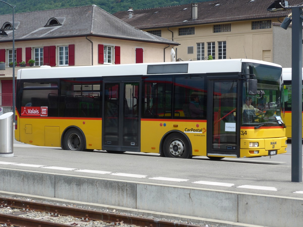 (162'343) - MOB Montreux - Nr. 34/VS 89'443 - MAN/G�ppel (ex TSAR Sierre; ex PostAuto Bern; ex PostAuto Berner Oberland; ex P 23'032) am 20. Juni 2015 beim Bahnhof Aigle