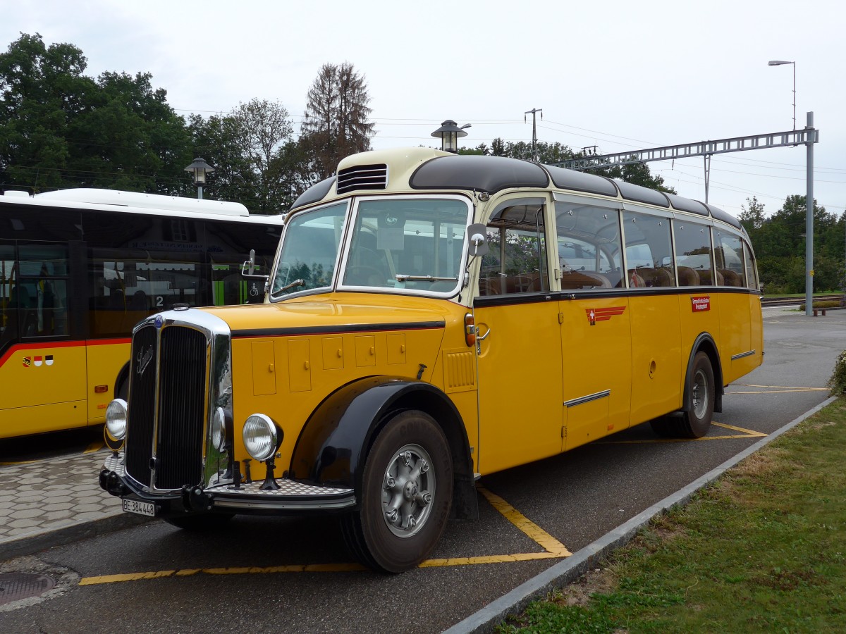 (164'618) - Museum fr Kommunikation, Bern - BE 384'448 - Saurer/Eggli (ex P 23'135) am 13. September 2015 beim Bahnhof Schwarzenburg