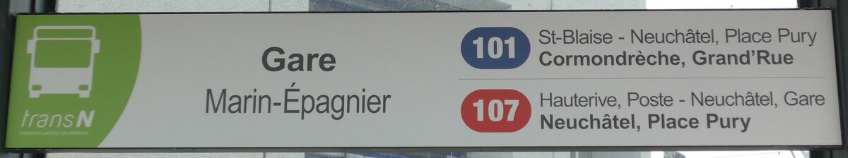(164'828) - transN-Haltestellenschild - Marin-�pagnier, Gare - am 15. September 2015