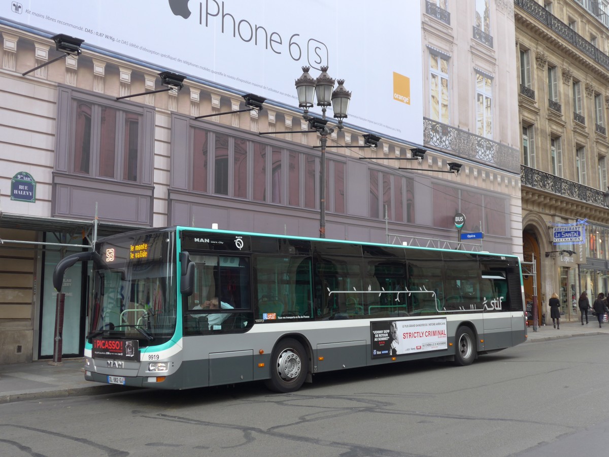 (166'939) - RATP Paris - Nr. 9919/DL 982 GJ - MAN am 16. November 2015 in Paris, Op�ra