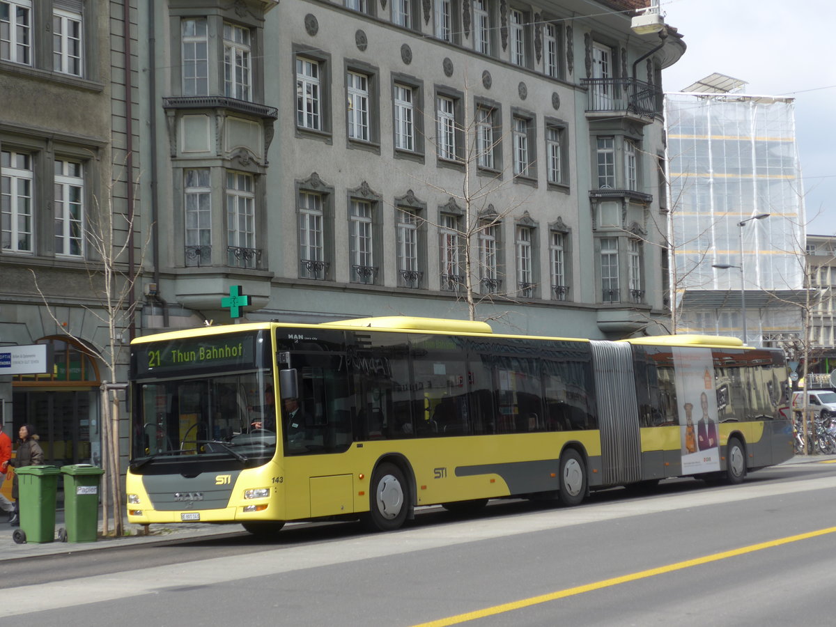 (169'253) - STI Thun - Nr. 143/BE 801'143 - MAN am 16. M�rz 2016 in Thun, Bahnhofstrasse