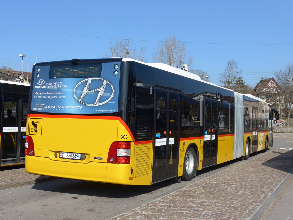 (169'342) - PostAuto Z�rich - Nr. 308/ZH 780'689 - MAN am 19. M�rz 2016 beim Bahnhof B�lach