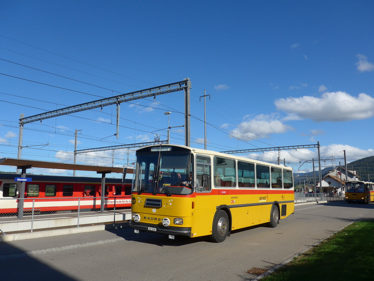 (175'398) - F�ssler, Unteriberg - Nr. 6/SZ 5232 - Saurer/R&J (ex Sch�rch, Gutenburg Nr. 6; ex P 24'358) am 2. Oktober 2016 beim Bahnhof Glovelier