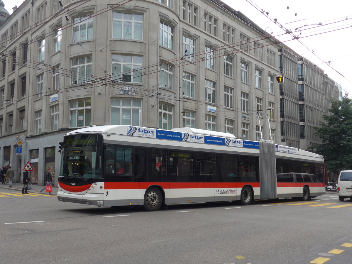 (175'648) - St. Gallerbus, St. Gallen - Nr. 178 - Hess/Hess Gelenktrolleybus am 15. Oktober 2016 beim Bahnhof St. Gallen