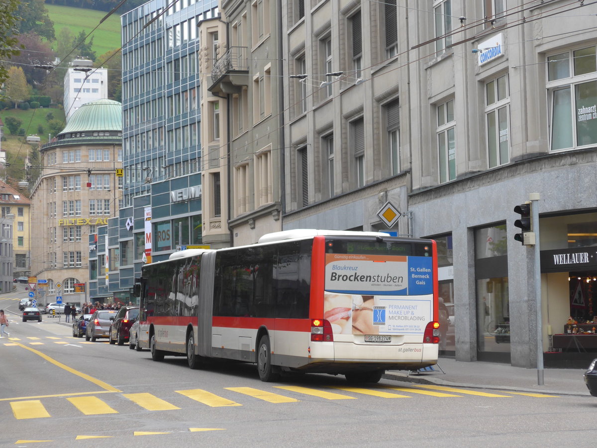 (175'674) - St. Gallerbus, St. Gallen - Nr. 274/SG 198'274 - MAN am 15. Oktober 2016 beim Bahnhof St. Gallen