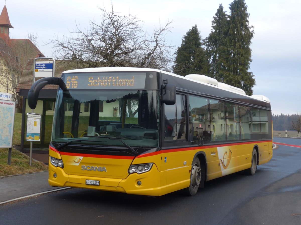 (177'318) - PostAuto Nordschweiz - AG 493'369 - Scania am 24. Dezember 2016 in Schiltwald, Wendeplatz