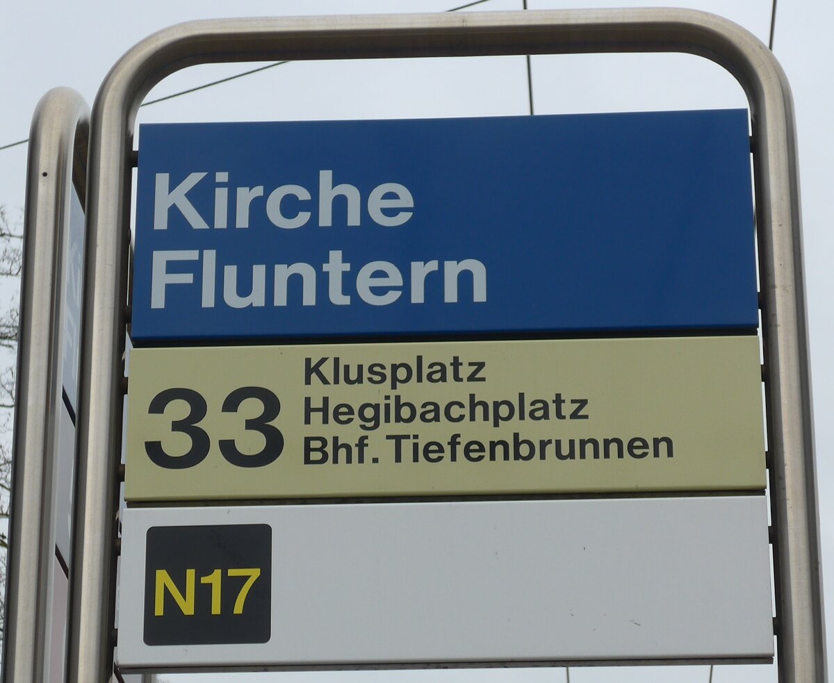 (178'491) - ZVV-Haltestellenschild - Z�rich, Kirche Fluntern - am 10. Februar 2017