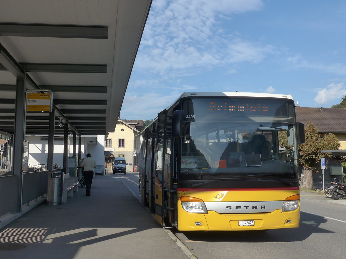 (183'961) - Spring, Schwenden - BE 26'672 - Setra am 24. August 2017 beim Bahnhof Oey-Diemtigen