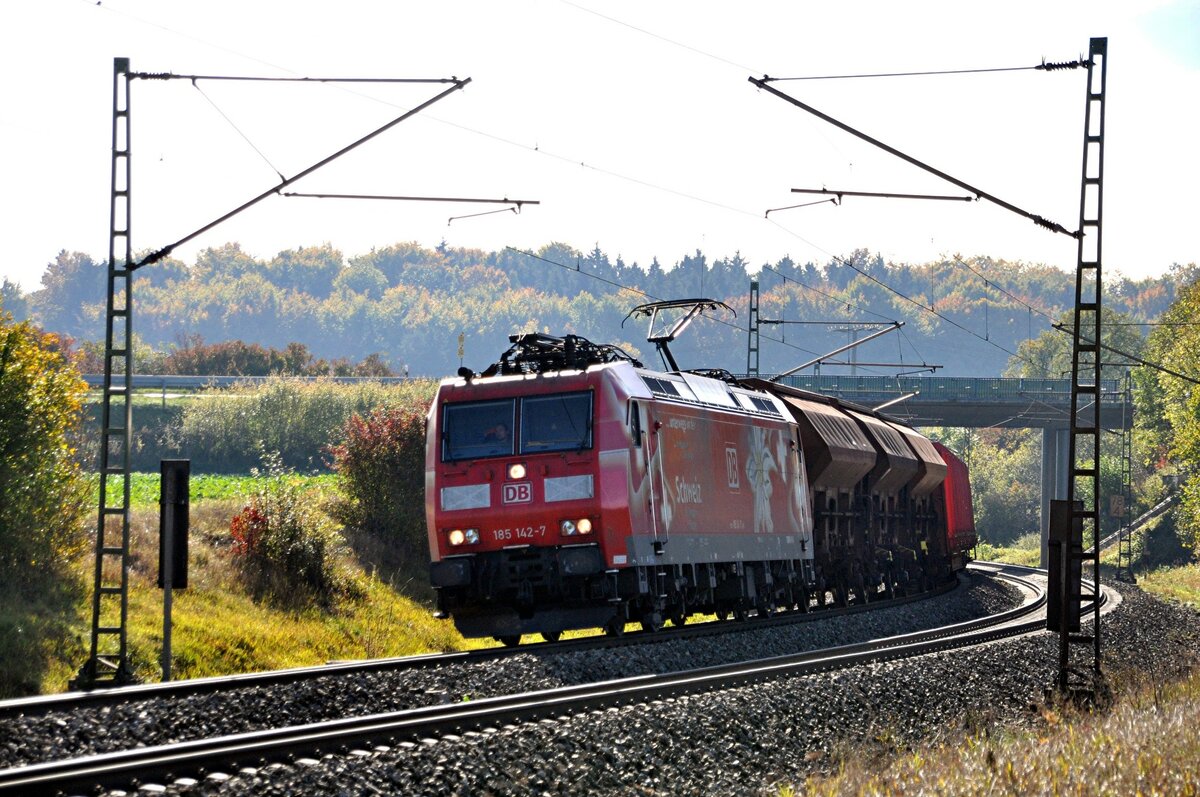 185 142-7 mit Werbung für die Schweiz mit gemischtem Güterzug bei Hinterdenkental am 17.10.2012.