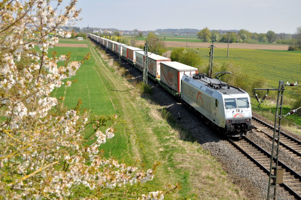185 531-1 TX Logistik mit Mars Containerzug in Neu-Ulm Pfuhl am 22.04.2022.