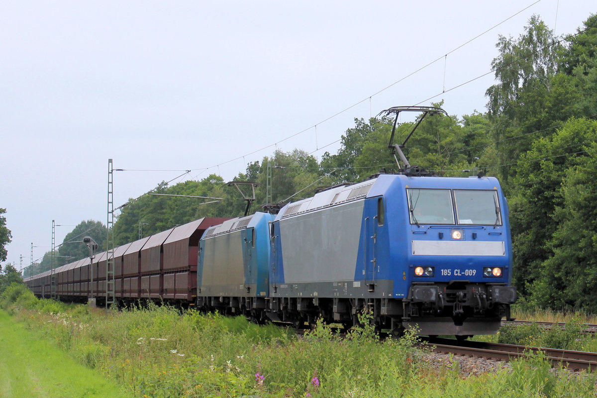 185 CL-009 u. 185 516-2 sind auf den Weg in den Hamburger Hafen zum Hansaport. Tostedt - Dreihausen 16.07.2016