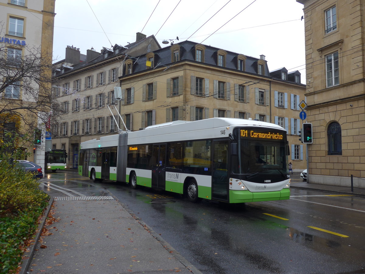 (186'617) - transN, La Chaux-de-Fonds - Nr. 146 - Hess/Hess Gelenktrolleybus (ex TN Neuch�tel Nr. 146) am 25. November 2017 in Neuch�tel, Place Pury