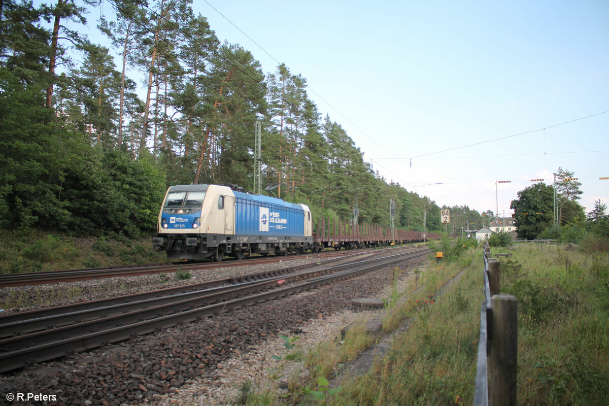 187 323 mit einem leeren Holzzug bei der Durchfahrt in Ochenbruck. 10.09.23