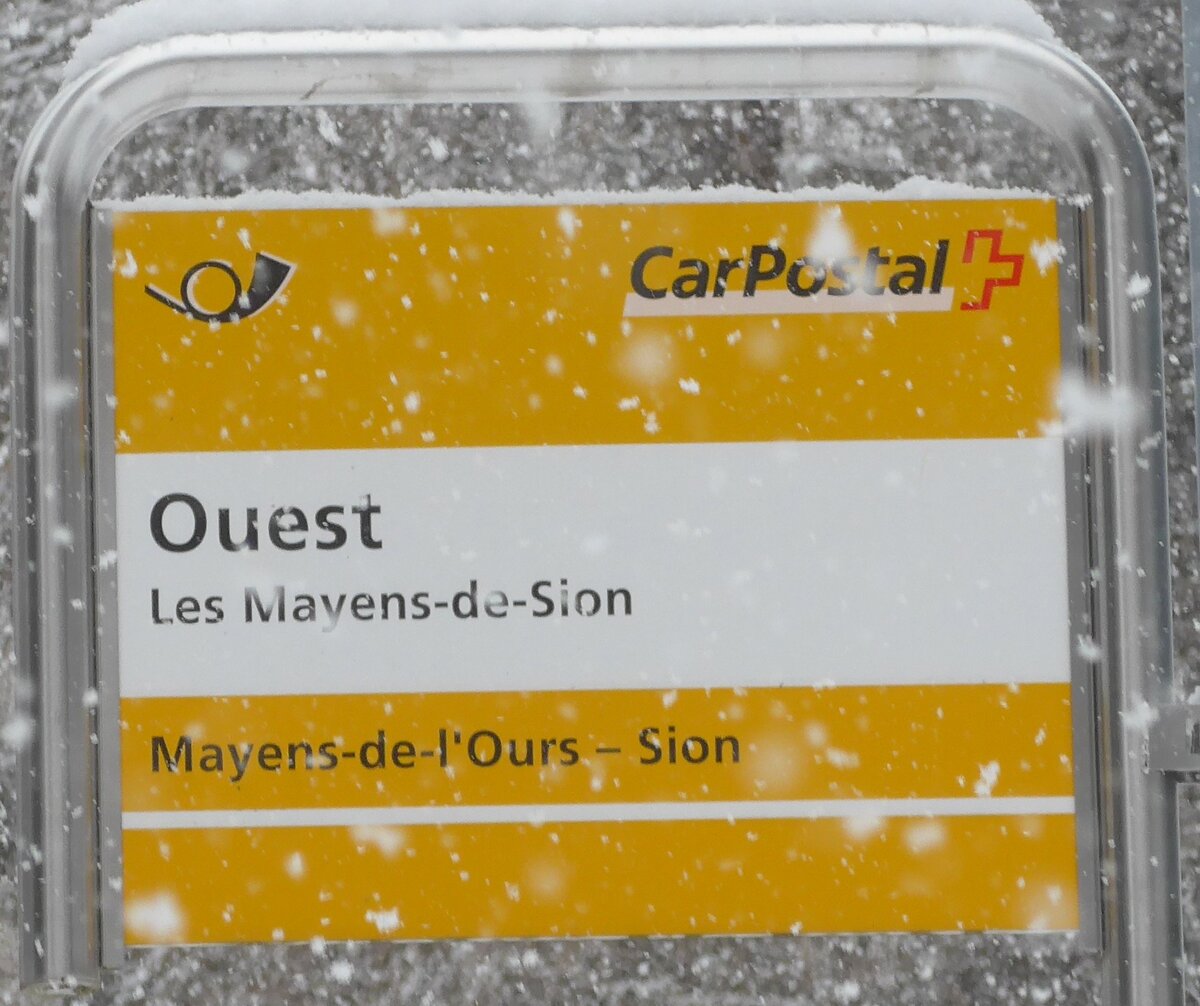 (188'390) - PostAuto-Haltestellenschild - Les Mayens-de-Sion, Ouest - am 11. Februar 2018