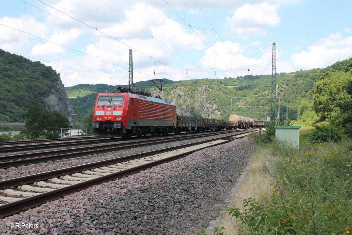 189 061-5 durchfährt den Loreley Betriebsbahnhof mit einem gemischten Güterzug. 16.07.14