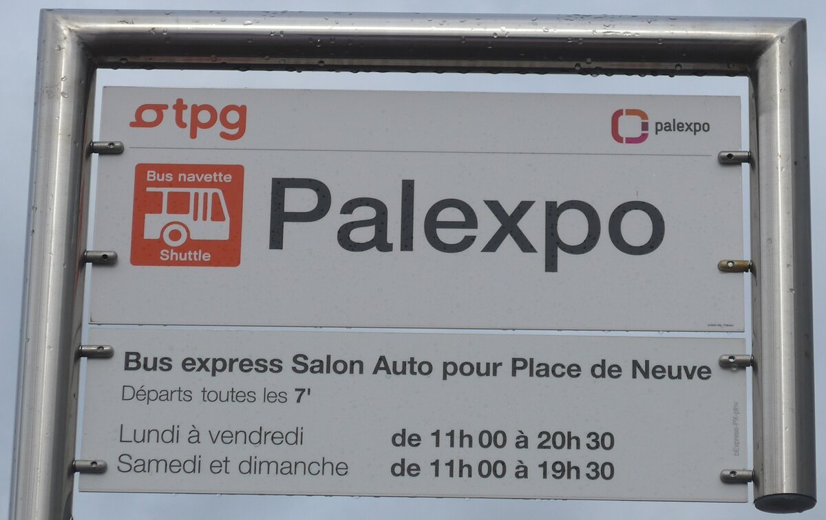 (189'209) - tpg-Haltestellenschild - Gen�ve, Palexpo - am 12. M�rz 2018